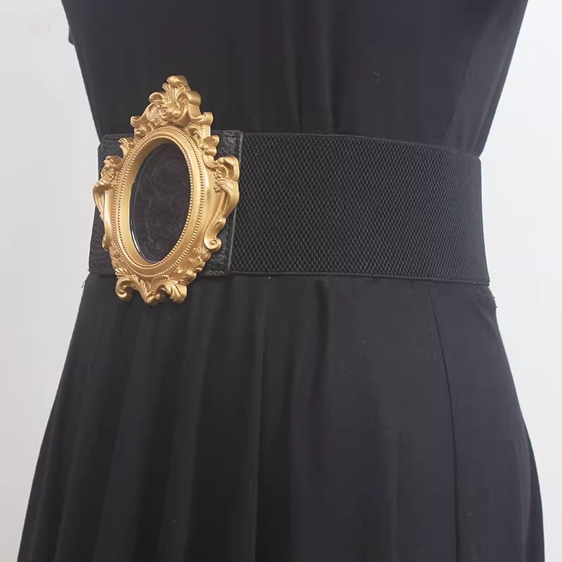 여성용 빈티지 골드 버클 탄성 커머번들, 여성용 원피스 코르셋, 허리띠 벨트 장식, 와이드 벨트, R2601 런웨이 패션