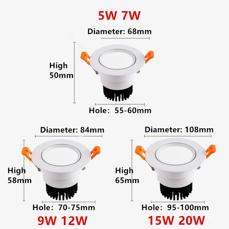 Focos de luz empotrables LED integrados de alto rendimiento con ángulo ajustable 5W7W9W12W15W20W COB antideslumbrantes y regulables para techo CRI>98