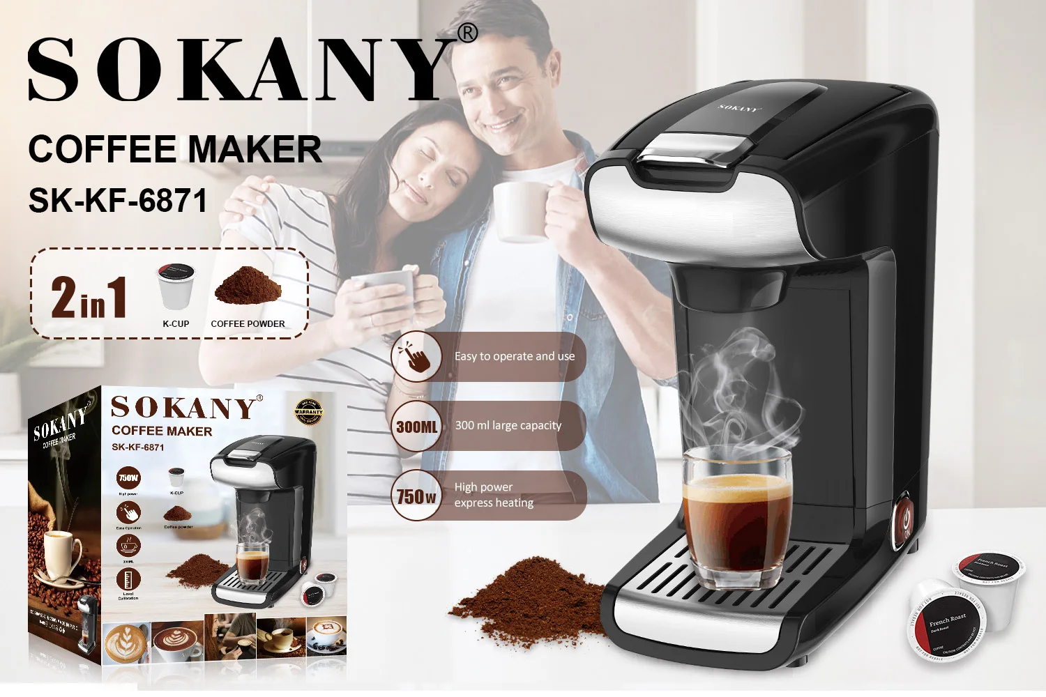 Houselin Coffee Maker, 600Ml Large Capacity, Strong Button Feature, Easyto disassemble and clean, Black,750W