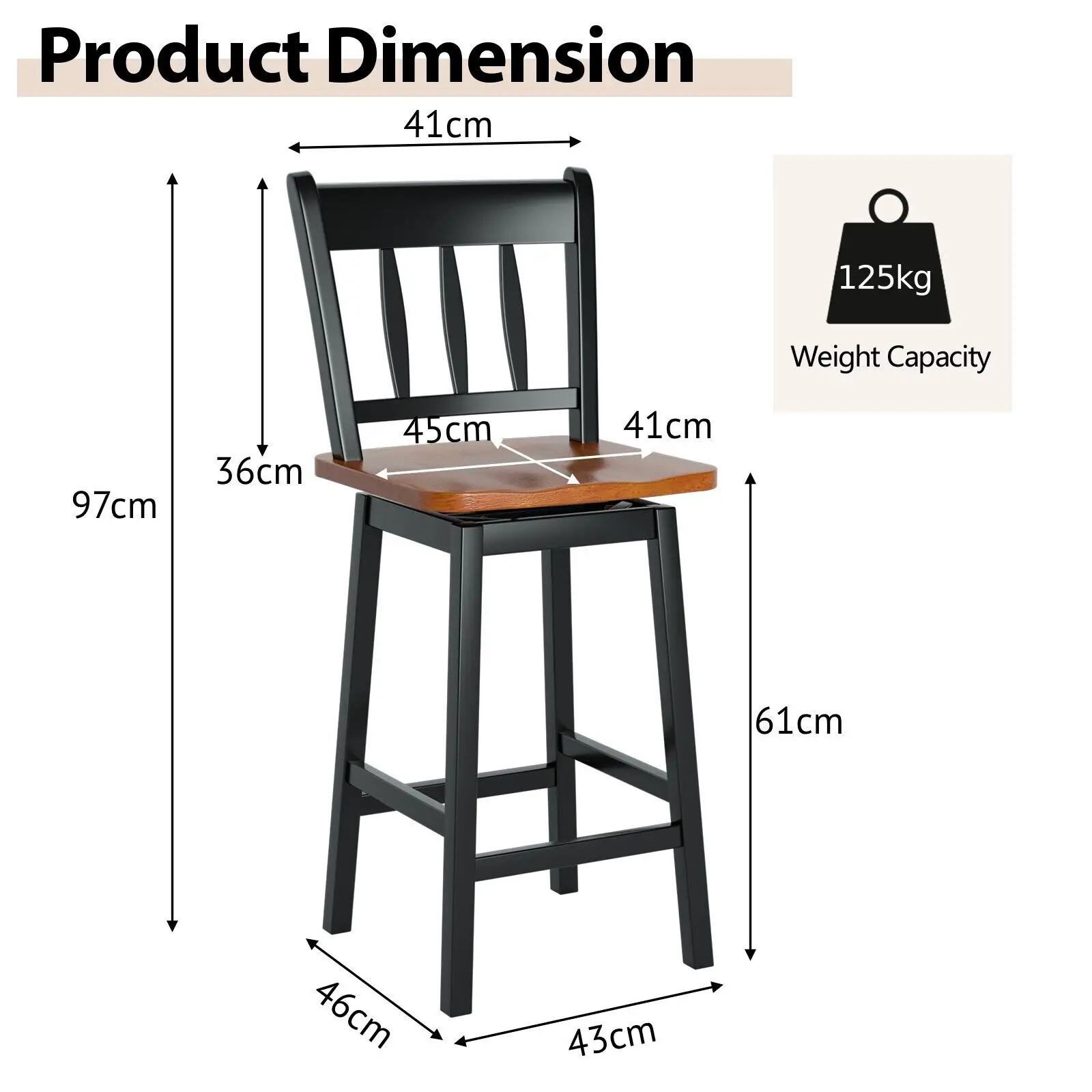 GOFLAME Bar Stools Set of 2 Rubber Wood Swivel Bar Chairs with Backrest & Footrest