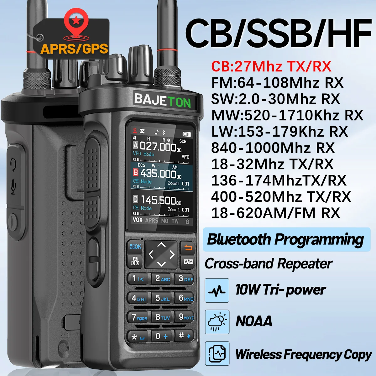 BAJETON BJ-9000 GPS APRS Walkie Talkies 10W CB 27Mhz recibir programación Bluetooth de largo alcance NOAA VOX RT-950 RT-950PRO Radioaficionado