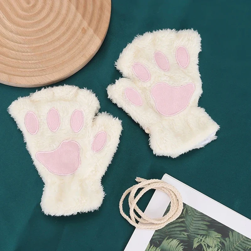 Rimiut-luvas de garra de gato de desenho animado para mulheres, meninas, espessadas, peluches, estilo adorável, pata de urso, dedos expostos, meio dedo, inverno