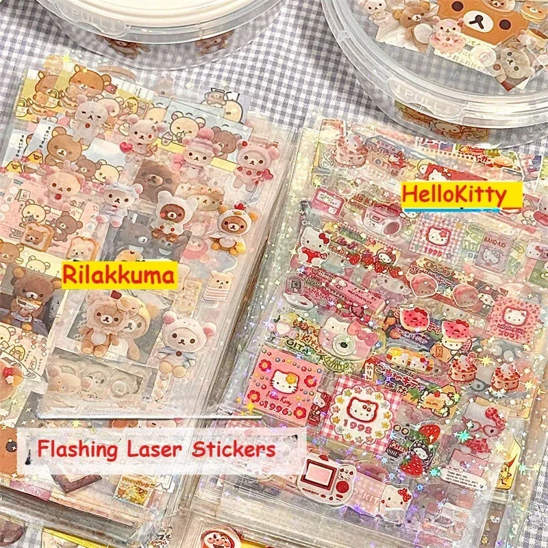 5PCS Cartoon Cute Hello Kitty Rilakkuma Stickers Die-cutting Sticker Anime Handbooks Material Flashing Laser Sticker Kid Toy