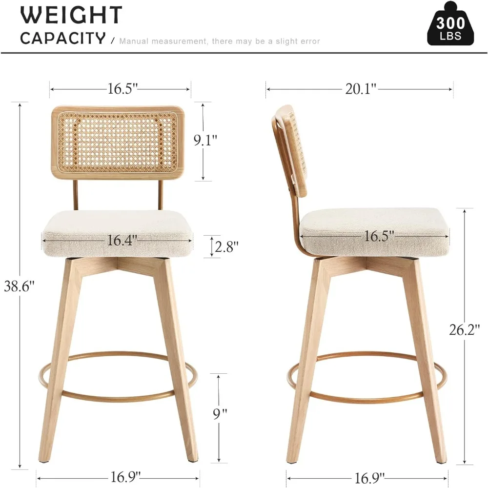 26” Natural Rattan Bar Stools, Swivel Solid Wood Counter Stool Set of 2, Upholstered Armless Bar Chairs with Wooden Legs for Kit