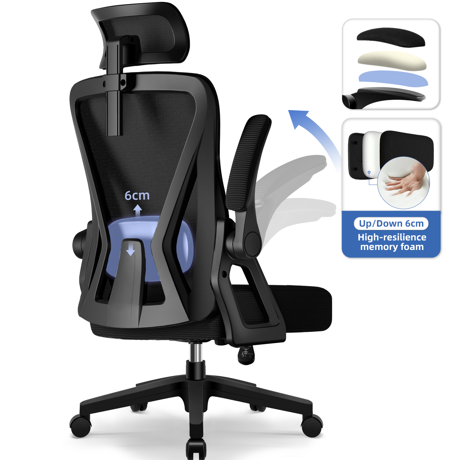 Ergonomischer Büro-Schreibtischstuhl – klappbare Armlehnen, verstellbare Rückenlehne, verstellbare Kopfstütze, verstellbare Lendenwirbelsäule, maximale Belastung 150 kg,