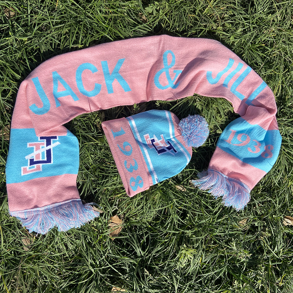 잭 앤 질 연청 니트 스카프 모자 세트, 가벼운 핑크 모직 편지 1938