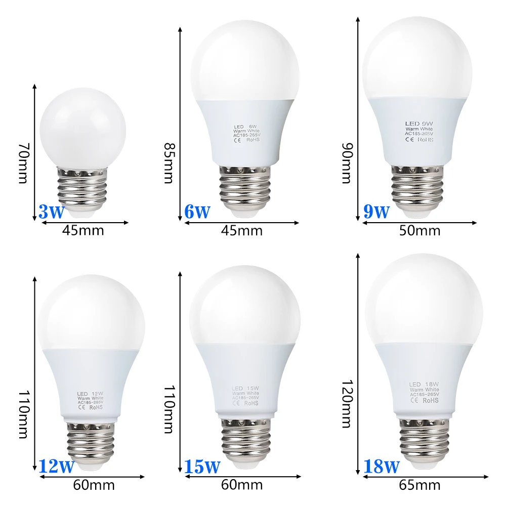 3 ワット 6 ワット 9 ワット 12 ワット 15 ワット 18 ワット LED 電球ランプ E27 ランパーダ LED 電球 AC 220 V-240 V スマート IC 高輝度ボンビージャランプスポットライト