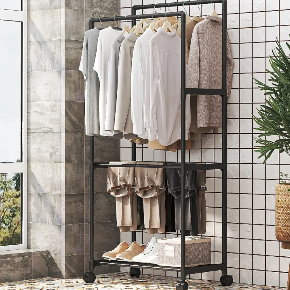 Double Pole Coat Rack Movable Clothes Storage Racks Multi Functional Clothing Hanger Shelves with Wheels Bedroom Stand Wardrobe