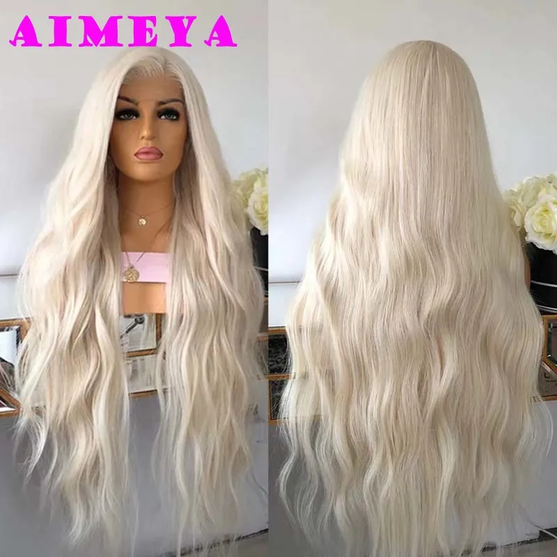 AIMEYA Bạch Kim Tóc Vàng Ren Mặt Trước Bộ Tóc Giả Dành Cho Nữ Dài Tự Nhiên Sóng Tóc Tổng Hợp Glueless Chịu Nhiệt Sợi Tóc Không Một Phần