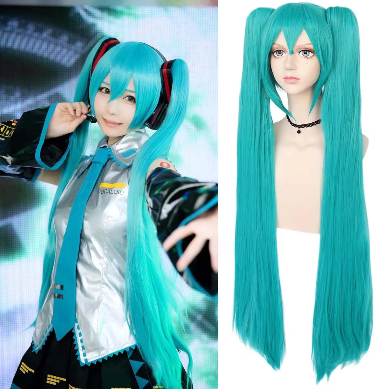 Syntetyczna zielona peruka Cosplay Zielona peruka Teal Podwójna peruka z kucykiem Długa zielona peruka z grzywką Prosta peruka Kawaii Peruka Miku