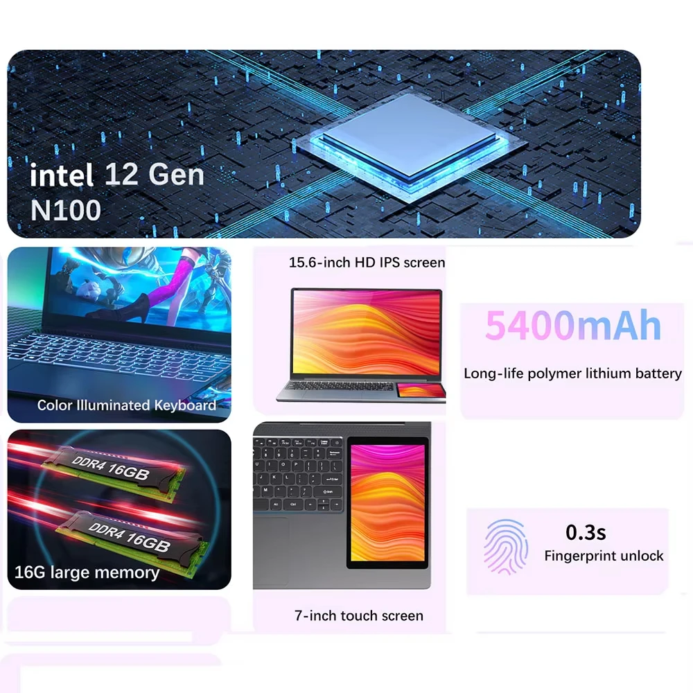 GLF-Y2 Dual Screen Laptop Intel N100 15.6 Inch IPS+7'' Touch Business Computer 16GB+512GB DDR4 M.2 2T SSD Slim Office Laptop