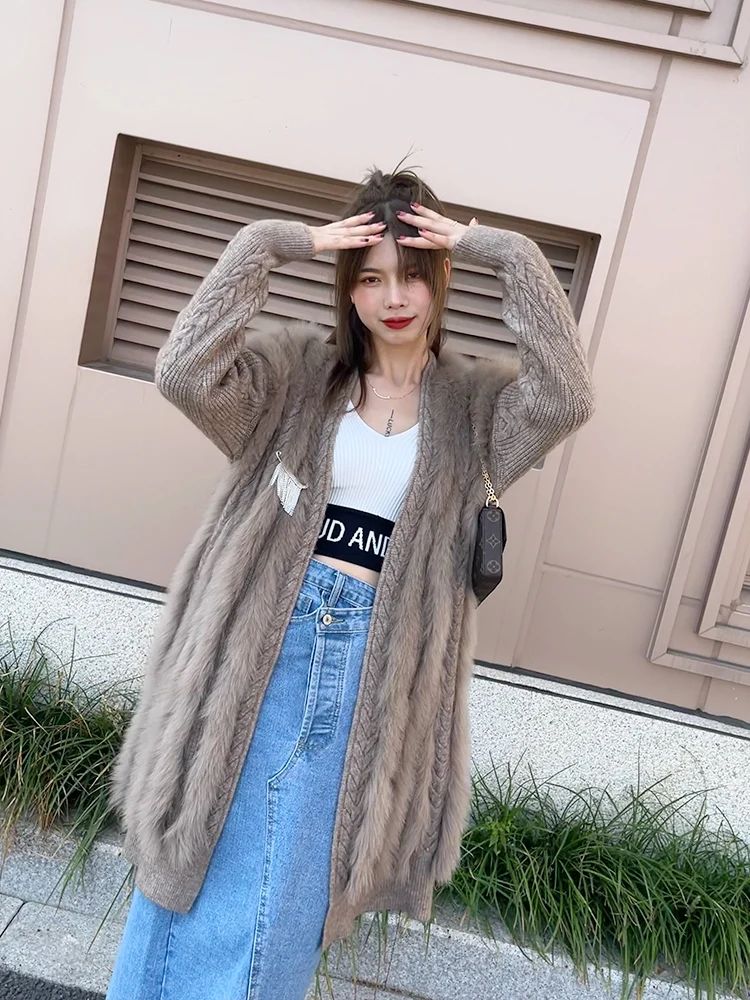 Frauen Echt Fuchs Pelz Stricken OverSize Lose Frühling Fuchs Pelz Streifen Gemeinsamen Genäht Außerhalb Dekoration dame Mode Pullover Mantel