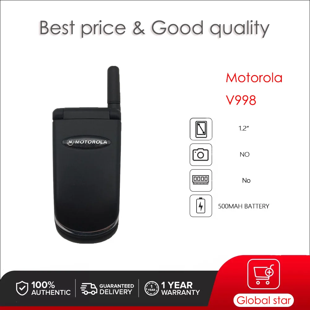 Teléfono móvil Original Motorola V998 desbloqueado y reacondicionado GSM 850/900 de buena calidad con 1 año de garantía solo compatible con inglés