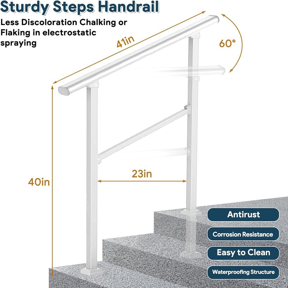 Metal Stair Railing Handrail Kit Outdoor Steps Adjustable Easy Install Durable Support Seniors 3-Step Safety Guardrail