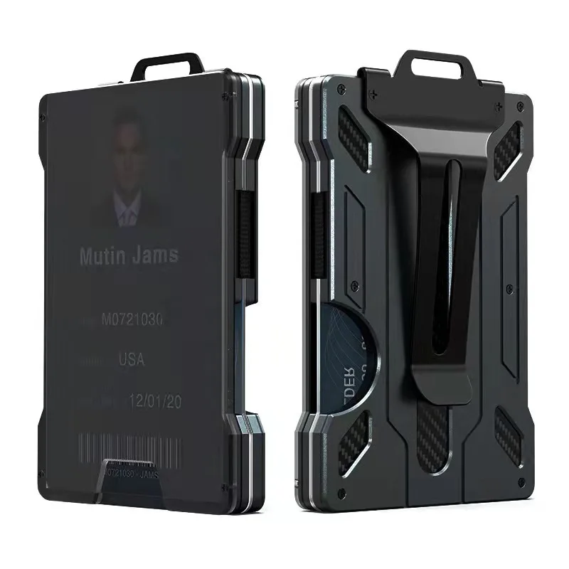 Portafoglio minimalista per uomo-fermasoldi in metallo sottile in alluminio con porta carte d'identità trasparente, blocco RFID, fibra di carbonio ultrasottile