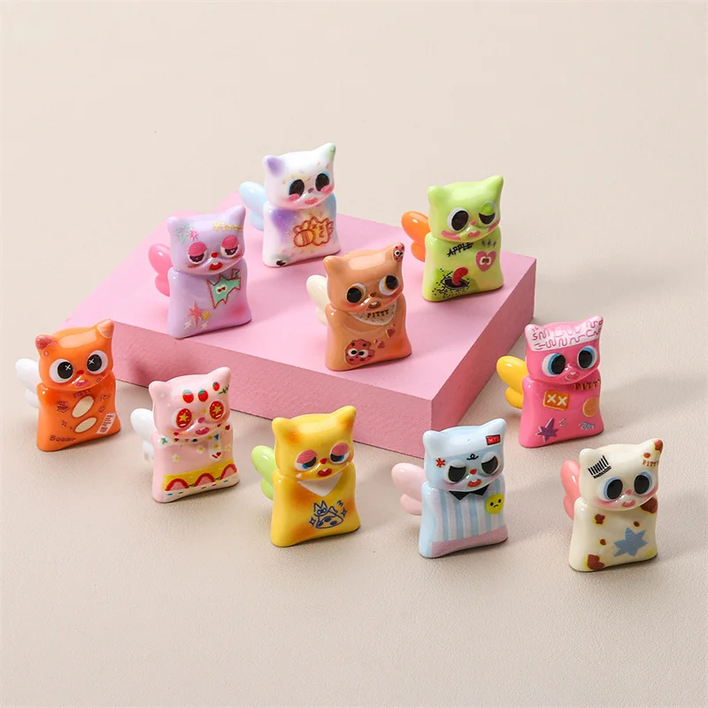 Colourful Patterned Winged Cat Pop Bean Mini Figure Desktop Cute Cartoon Decoration Resin Ornament
