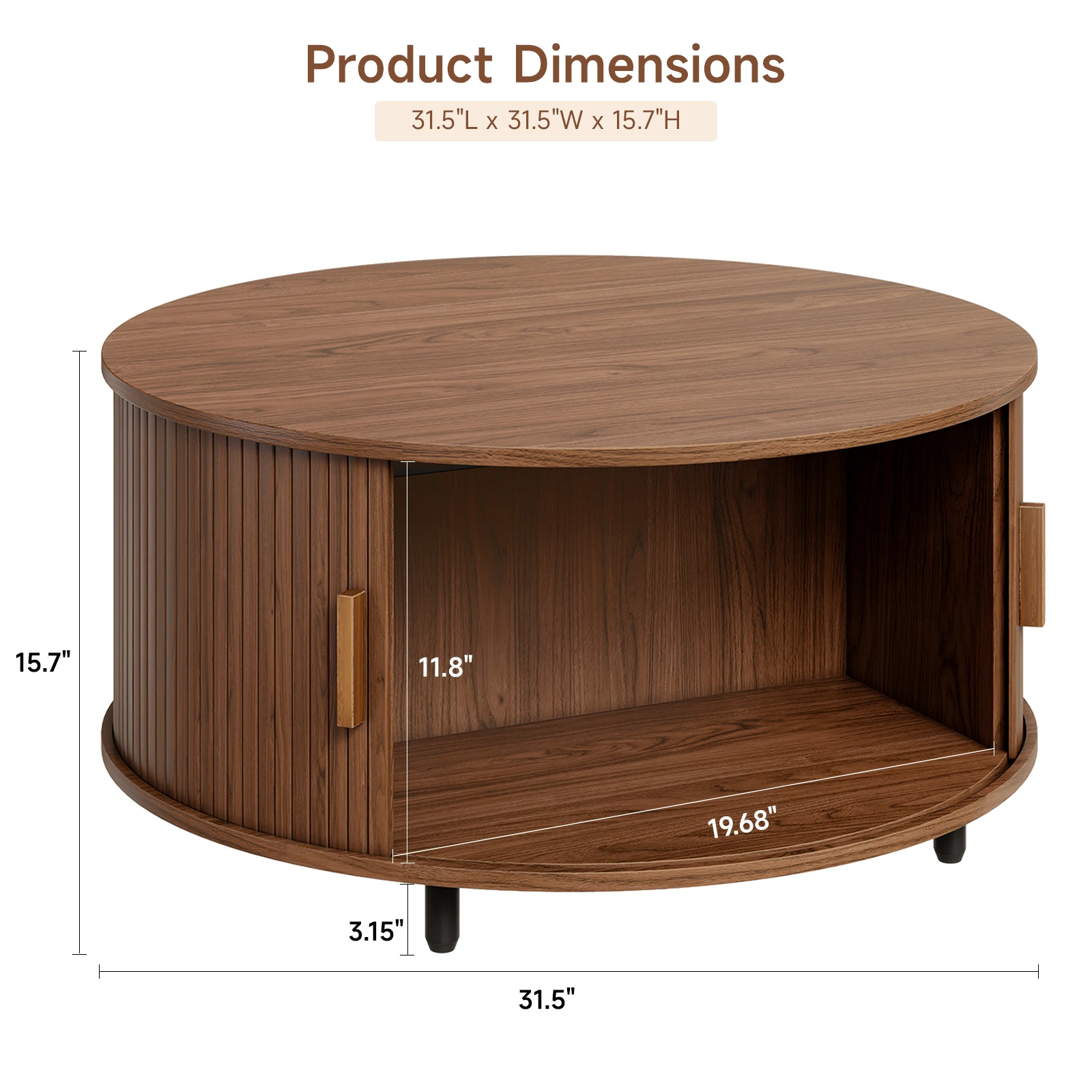 Mesa de centro redonda com armazenamento, mesa de centro de 51,5" com 360 °   Porta deslizante curvada, mesa de centro com detalhes em madeira dobrada