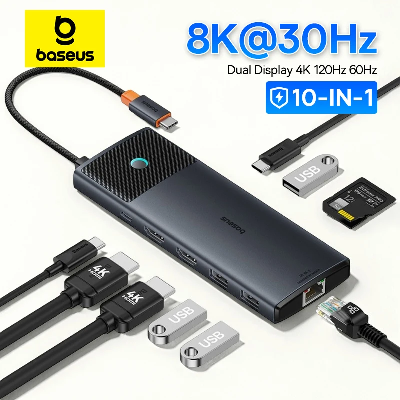 Baseus USB C HUB Dual HDMI 8K 4K Адаптер 10-в-1 USB 3.2 Разветвитель 10 Гбит/с с RJ45 SD TF Type C PD 100 Вт для MacBook Pro Air HUB