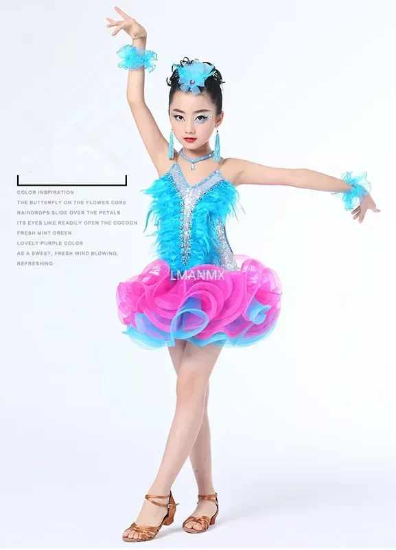 เด็ก Professional ชุดเต้นรําละตินสําหรับสาวการแข่งขันเต้นรําบอลรูมเลื่อม featherNew ฝอยชุดเต้นรําละติน