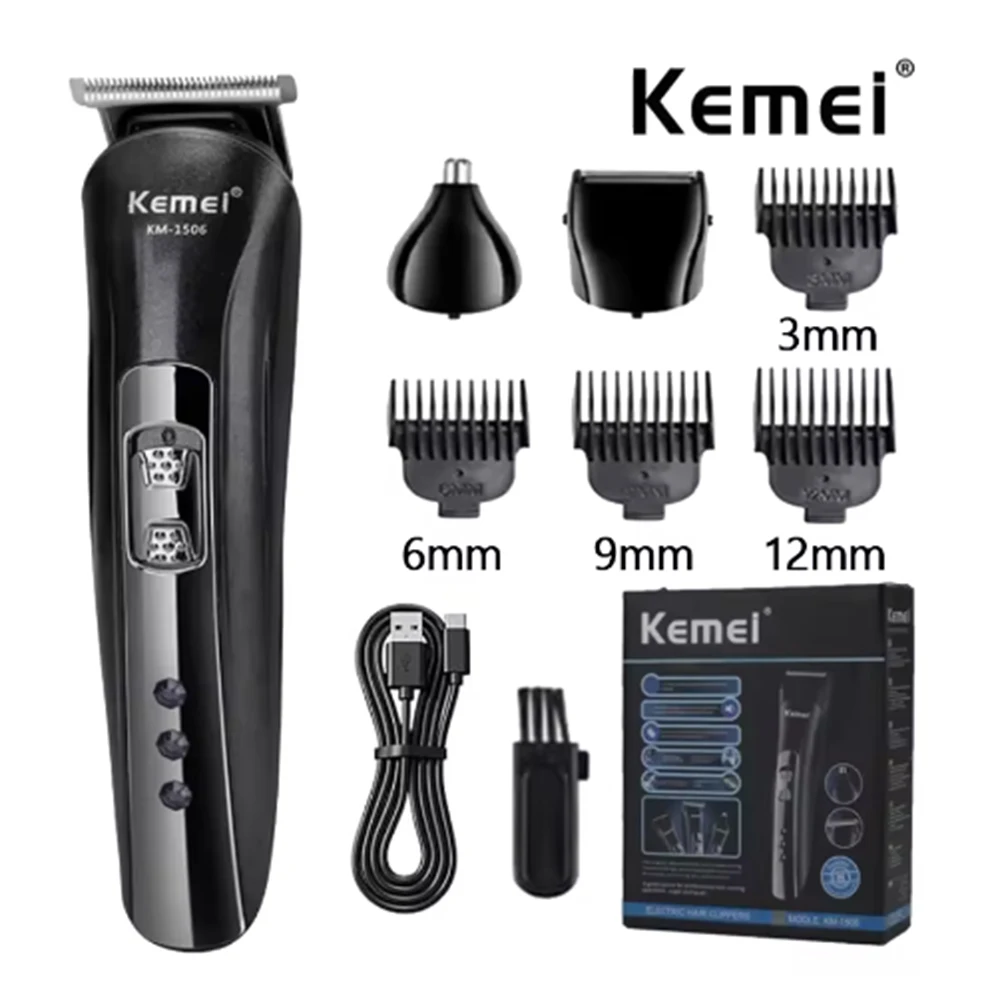 Kemei KM-1506 Afeitadora eléctrica 3 en 1, cortadora de pelo con carga, cortadora de pelo eléctrica recargable para nariz, máquina de afeitar profesional