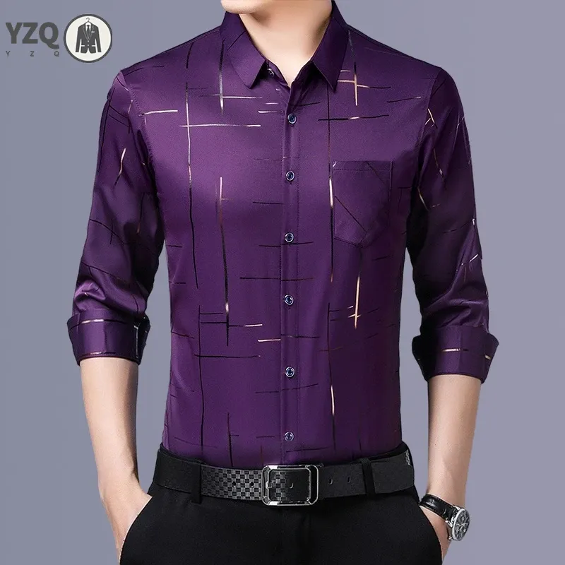 Camisa estampada de manga larga informal y de moda para hombre, top de negocios sin planchar y resistente a las arrugas