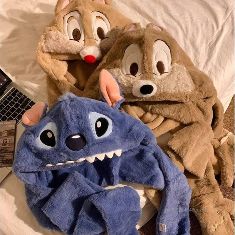Disney Stitch Chip&Dale Damen Wintermütze Schal Einteiler Koreanische Version Trend Niedlicher Cartoon Plüsch Warme Handschuhe Hüte Schals Set