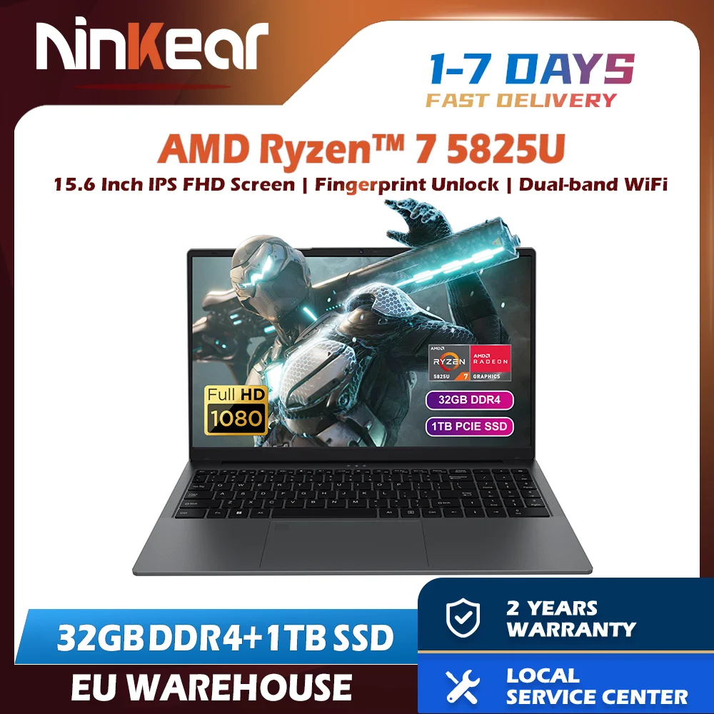Computer portatili da gioco Ninkear A15 Plus AMD Ryzen ™   7 5825U 4.5Ghz 15.6' FHD IPS 32GB DDR4 + 1TB SSD Tastiera retroilluminata FP Sblocco