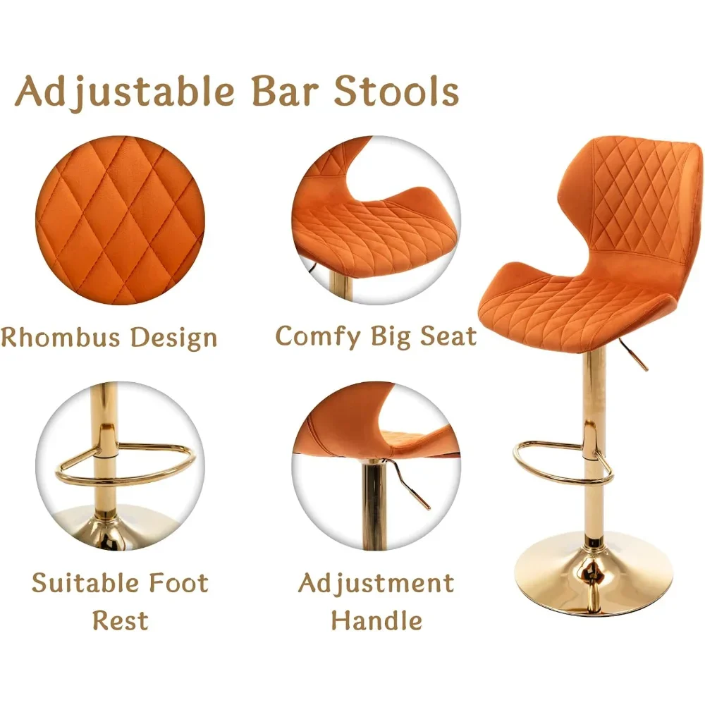 Orange Bar Stools Set of 2 Swivel Counter Height Bar Stools Golden Base Adjustable Velvet Stool Chairs