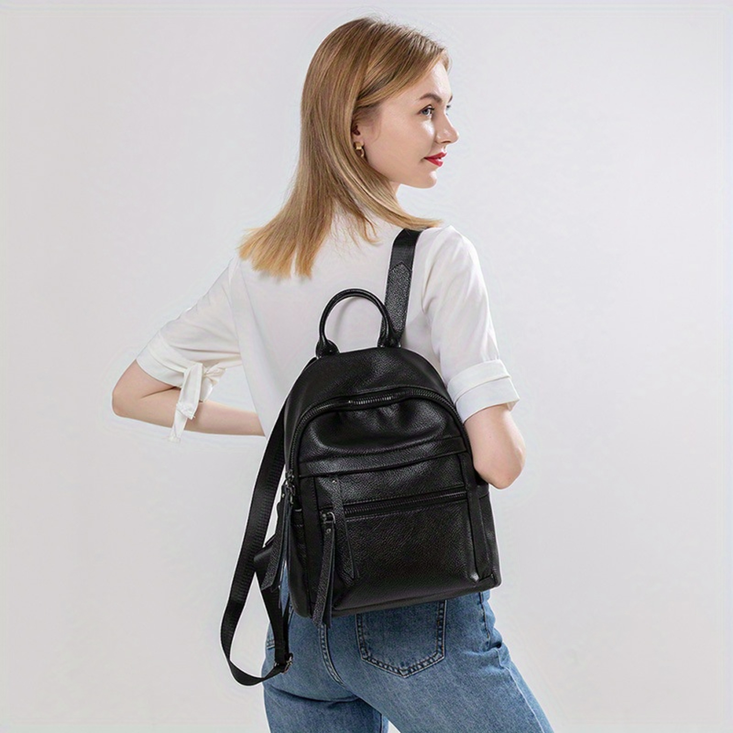 Mochila de ombro feminina de couro genuíno – Mochila de viagem moderna em couro de vaca para trabalho e classe