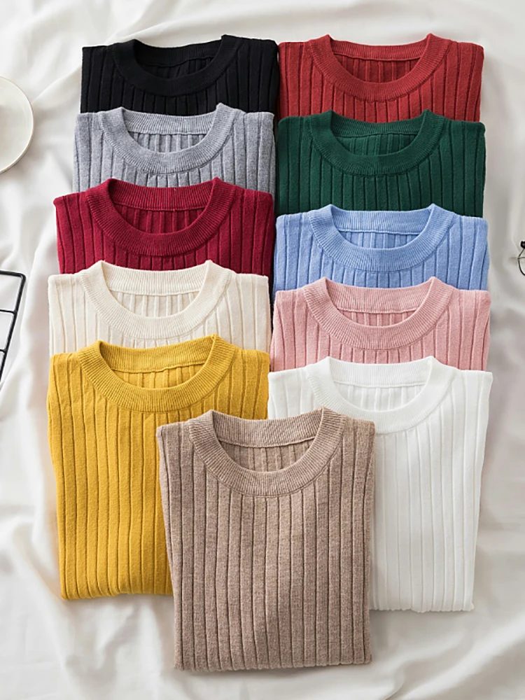 Jersey suave de punto para otoño e invierno, jerséis con cuello redondo, camisa de manga larga, suéter ajustado coreano, novedad de 2024