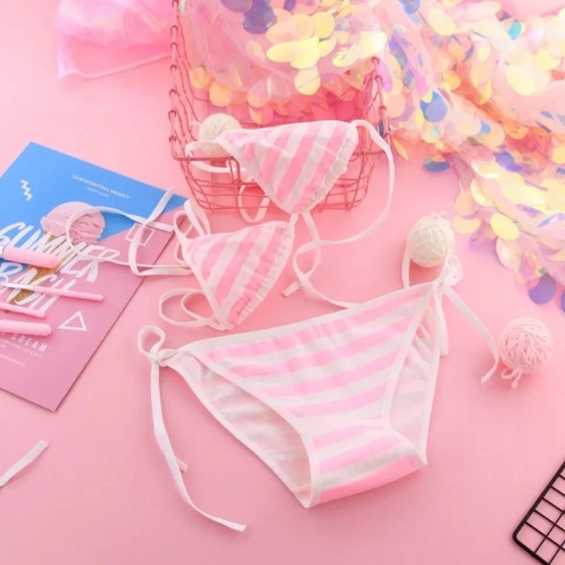 일본 섹시 란제리 로리타 카와이 블루 핑크 화이트 스트라이프 미니 비키니 성인 코스프레 여성 브래지어 속옷 세트 Frenum 수영복