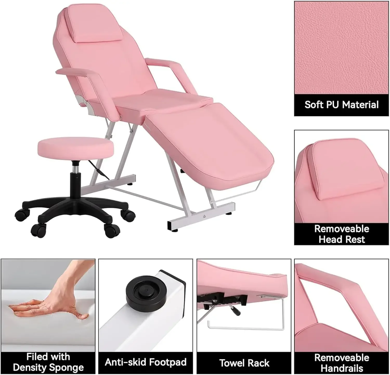 Multipurpose 3-Section Spa Massage Table with Hydraulic Stool, 73-inch Adjustable Tattoo Chair Esthetician Lash Bed, Salon Chair