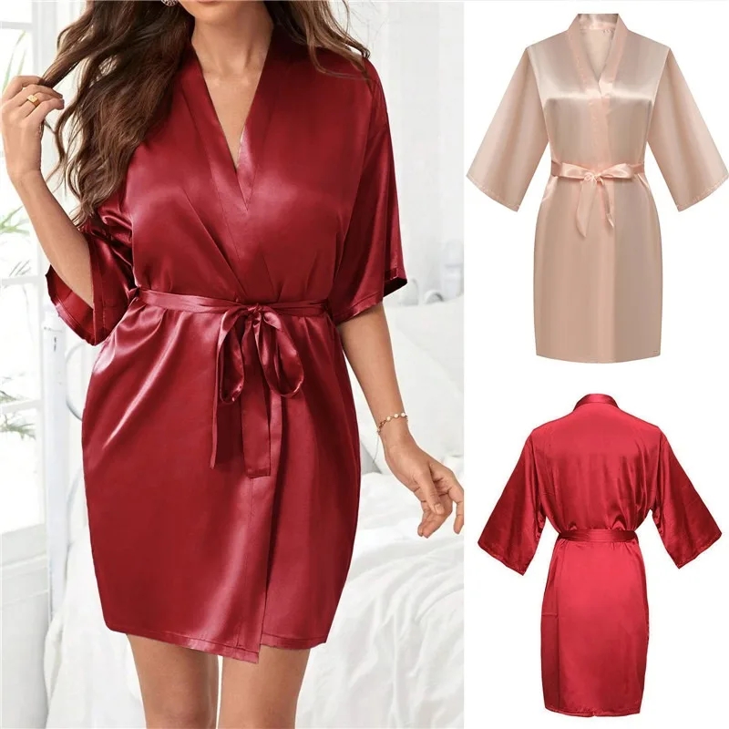 Bata de noche corta de satén de seda para mujer, bata tipo Kimono lisa, bata de baño a la moda, albornoz Sexy, bata de dama de honor para novia y boda