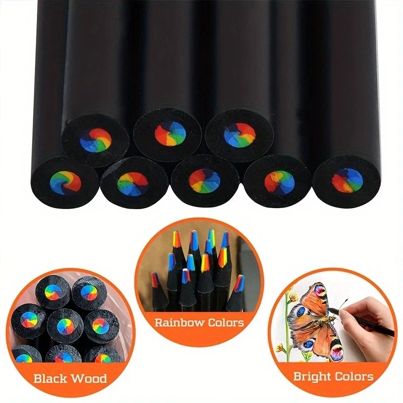 12 ชิ้น/ผสม 7 สีใน 1 สายรุ้งดินสอไม้, ไม้สีดําสี Concentric Crayons อุปกรณ์ศิลปะโรงเรียนสําหรับห้องเรียน, ภาพวาด