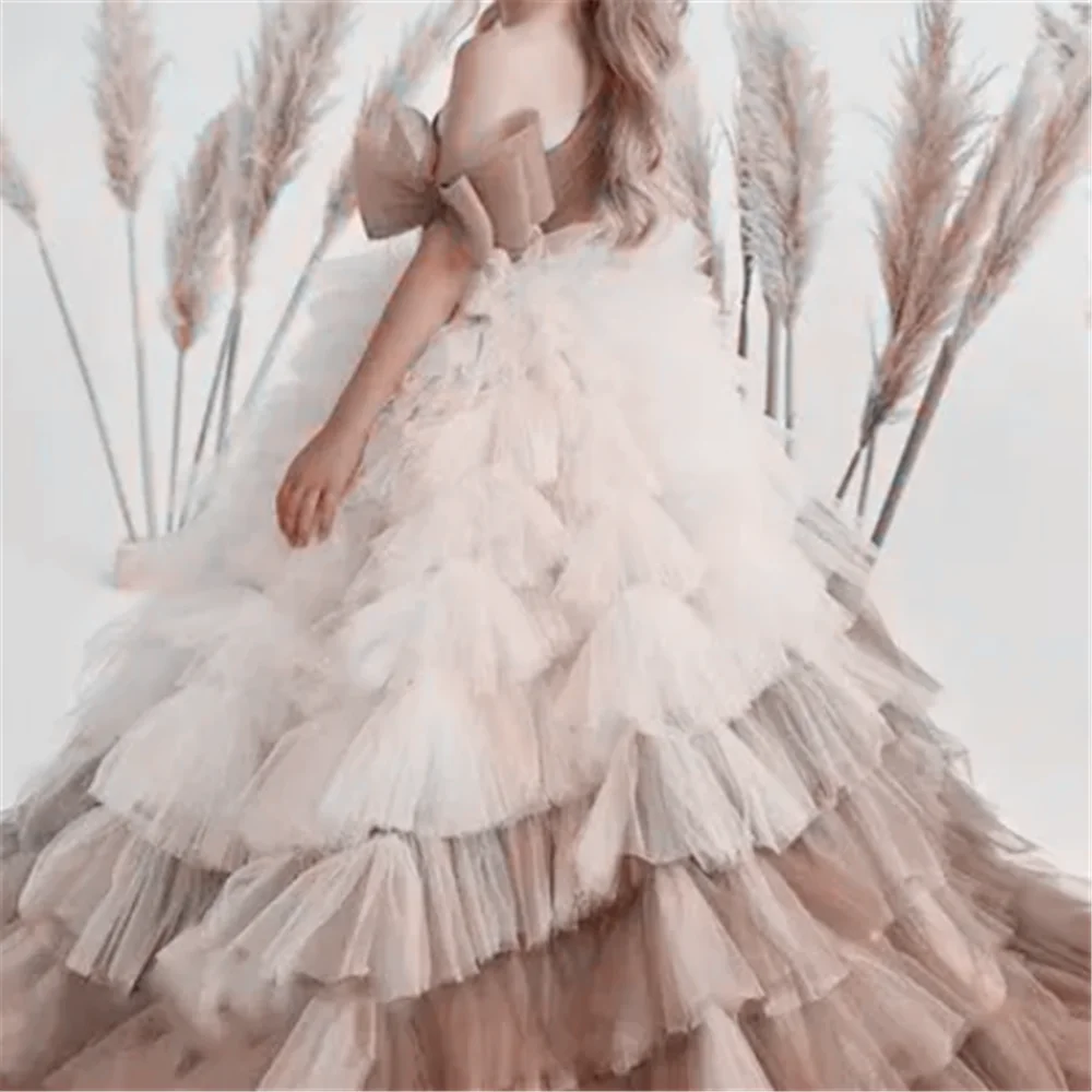 ชุดเดรสดอกไม้Tulle Performance Ballงานแต่งงานAppliquesไหล่เดี่ยวเด็กของขวัญวันเกิดFirst Communion Gowns