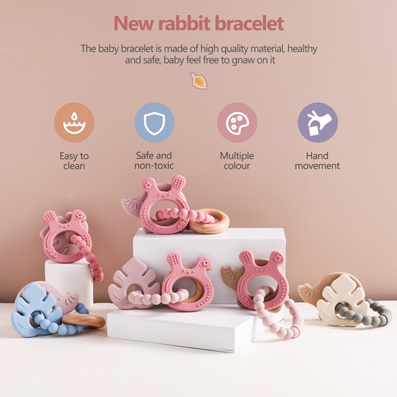 Pulsera mordedor de silicona para bebé, juguetes de dentición sin BPA, anillo de madera para lactancia, 1 unidad