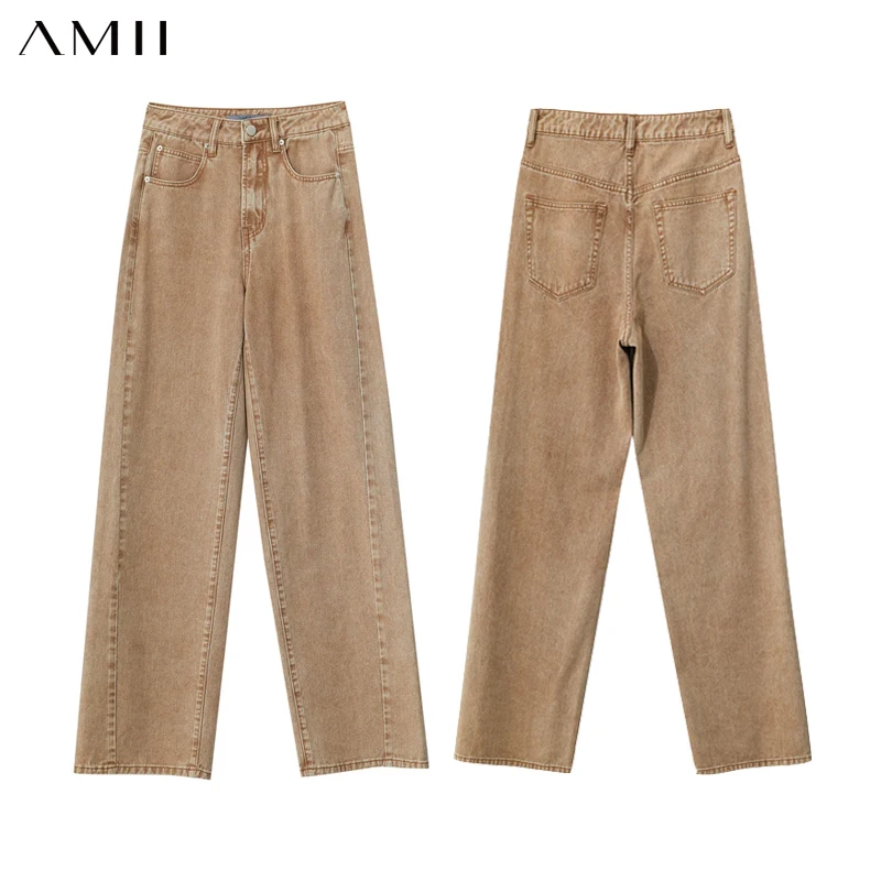 Amii minimalismo calças de brim femininas 2024 outono novo casual algodão denim calças retro na moda solta em linha reta calças largas 12443249