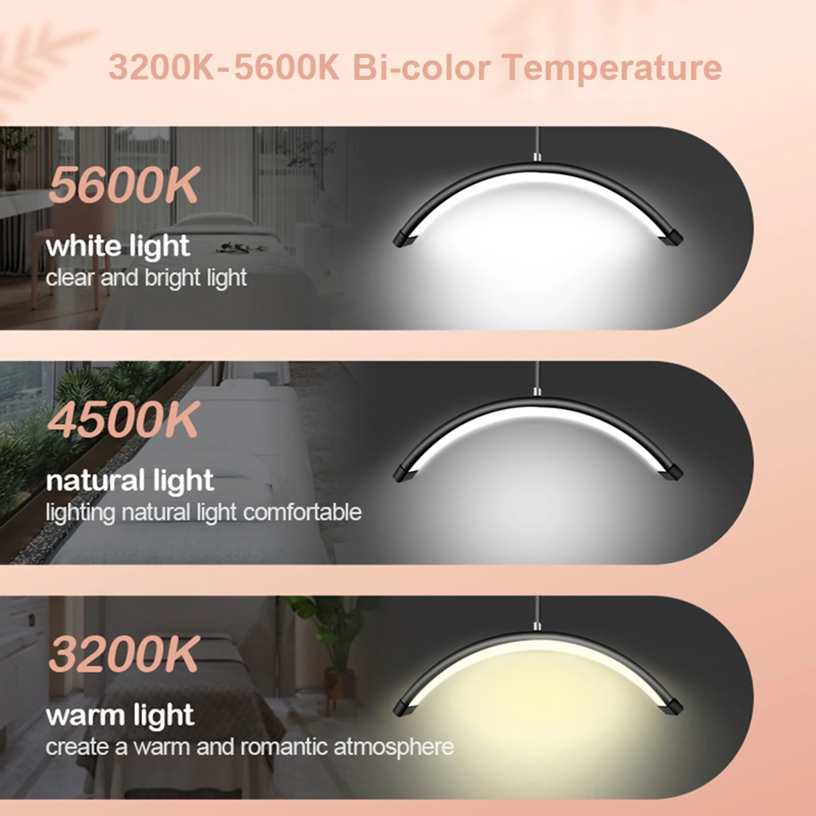 Luce di riempimento a forma di mezzaluna a LED da pavimento con supporto luminoso in metallo leggero regolabile adatto per salone di bellezza per trucco in streaming live