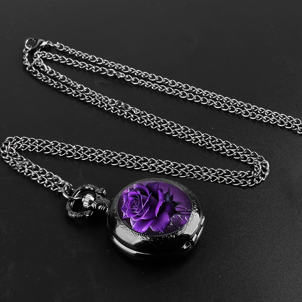 Damen-Quarz-Taschenuhr-Halskette mit lila Rosen- und schwarzem Glasanhänger, elegantes Blumendesign für lässige oder formelle Outfits