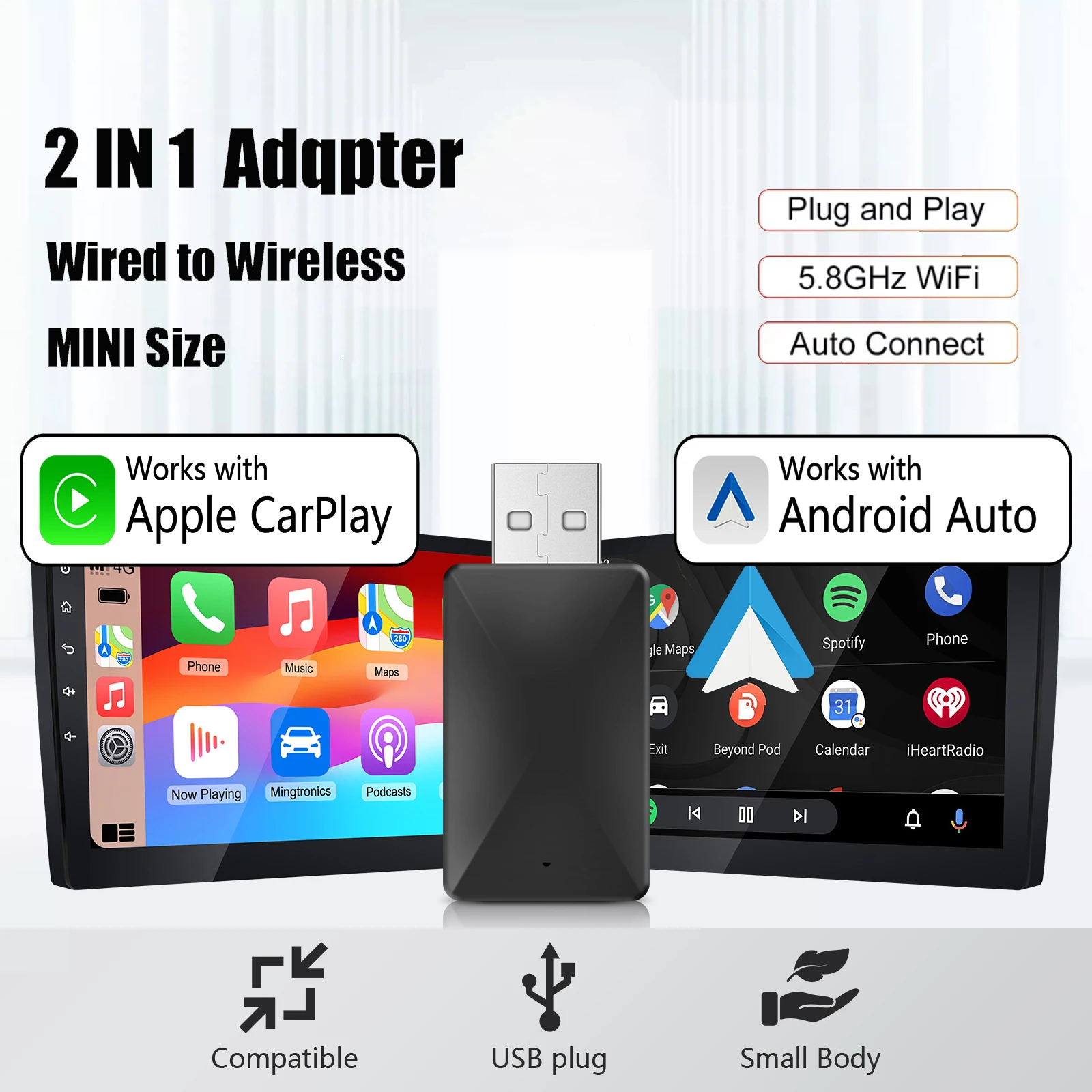 2025 novo chip 2 em 1 sem fio carplay android adaptador automático mini design 5.g-wifi & bt baixa latência plug & play para carros oem com fio