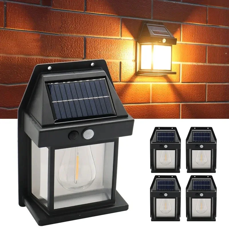 Lampada da notte solare al tungsteno Lampada da parete con sensore di movimento intelligente 3 modalità di illuminazione Lanterna impermeabile per decorazione del giardino del cortile
