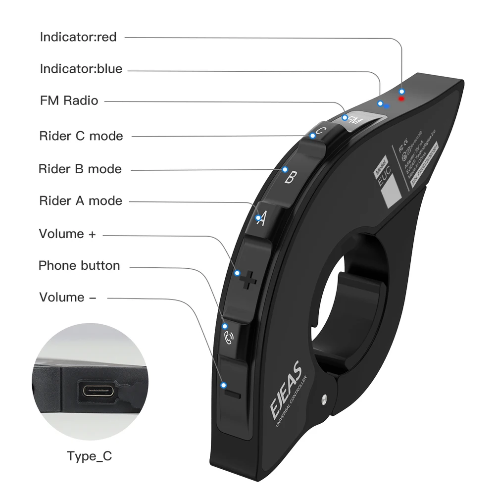 EJEAS Q8 Bluetooth 5.1 オートバイヘルメットヘッドセットインターホン、EUC リモートトランシーバー付き、リアルタイムで話す 6 人のライダー用 IP67