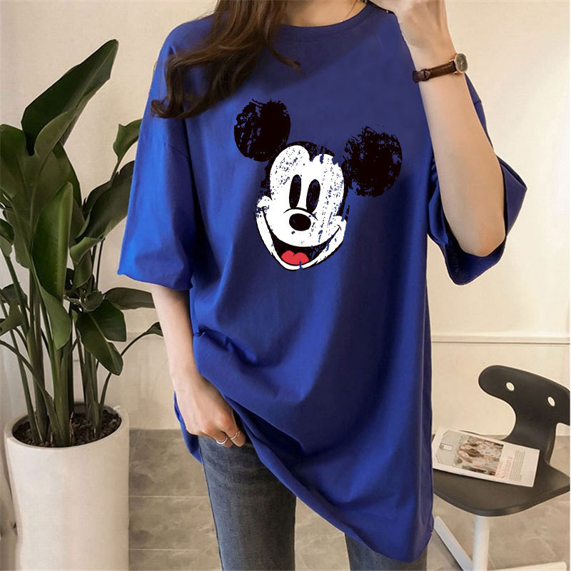 T-shirt Wanita Ukuran Besar Kartun Mickey Mouse Print Musim Panas Lengan Pendek Longgar Warna Solid T-Shirt Siswa Pertengahan Panjang Atasan Tipis