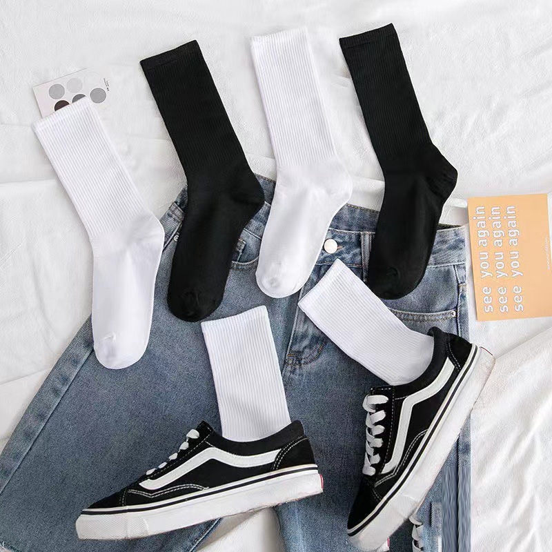 6 pares de calcetines de tubo medio para hombre Color sólido en blanco y negro ropa de calle Harajuku moda calcetines transpirables e informales