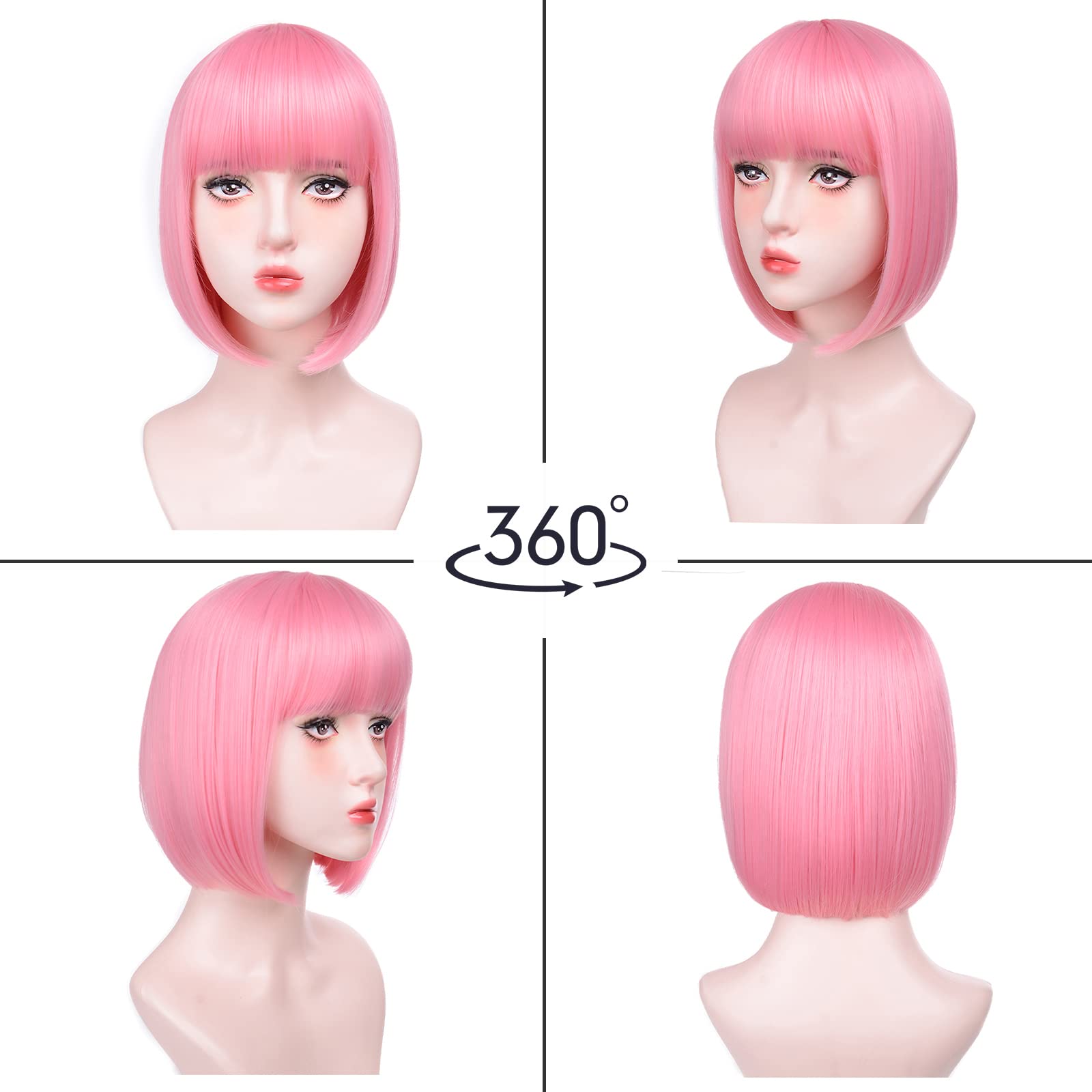 Rosa bob peruca sintética curto cabelo reto com franja multi-colorido halloween cosplay uso diário peruca de seda de alta temperatura
