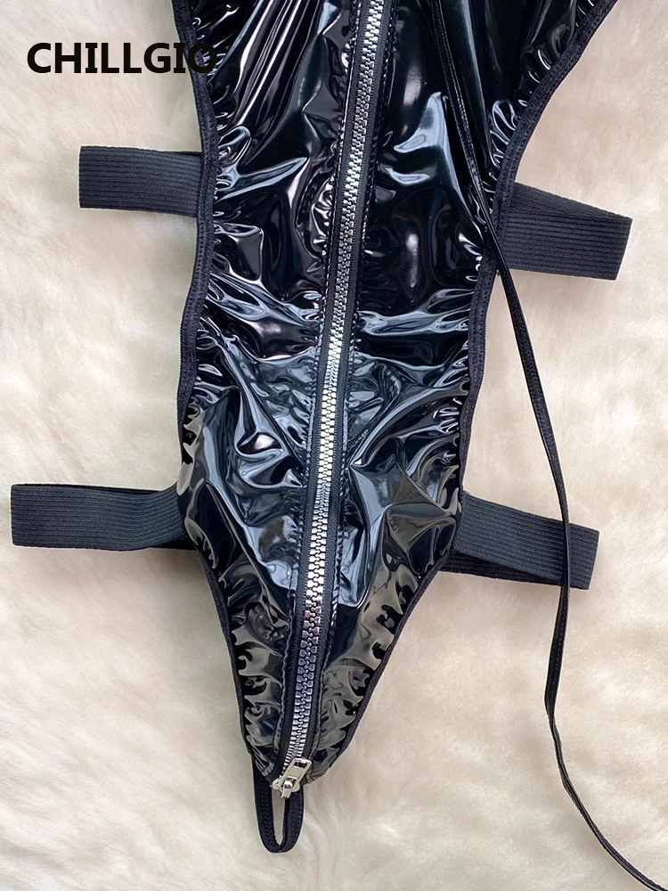 CHILLGIO, monos sexis de PU con cremallera para mujer, monos eróticos de moda con cuello Halter, monos ajustados con combinación de una pieza sin espalda