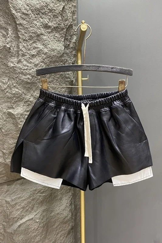 봄 가을 패션 블랙 화이트 컬러 매칭 Drawstring PU 가죽 반바지 여성 루즈 캐주얼 우아한 스플릿 와이드 레그 바지