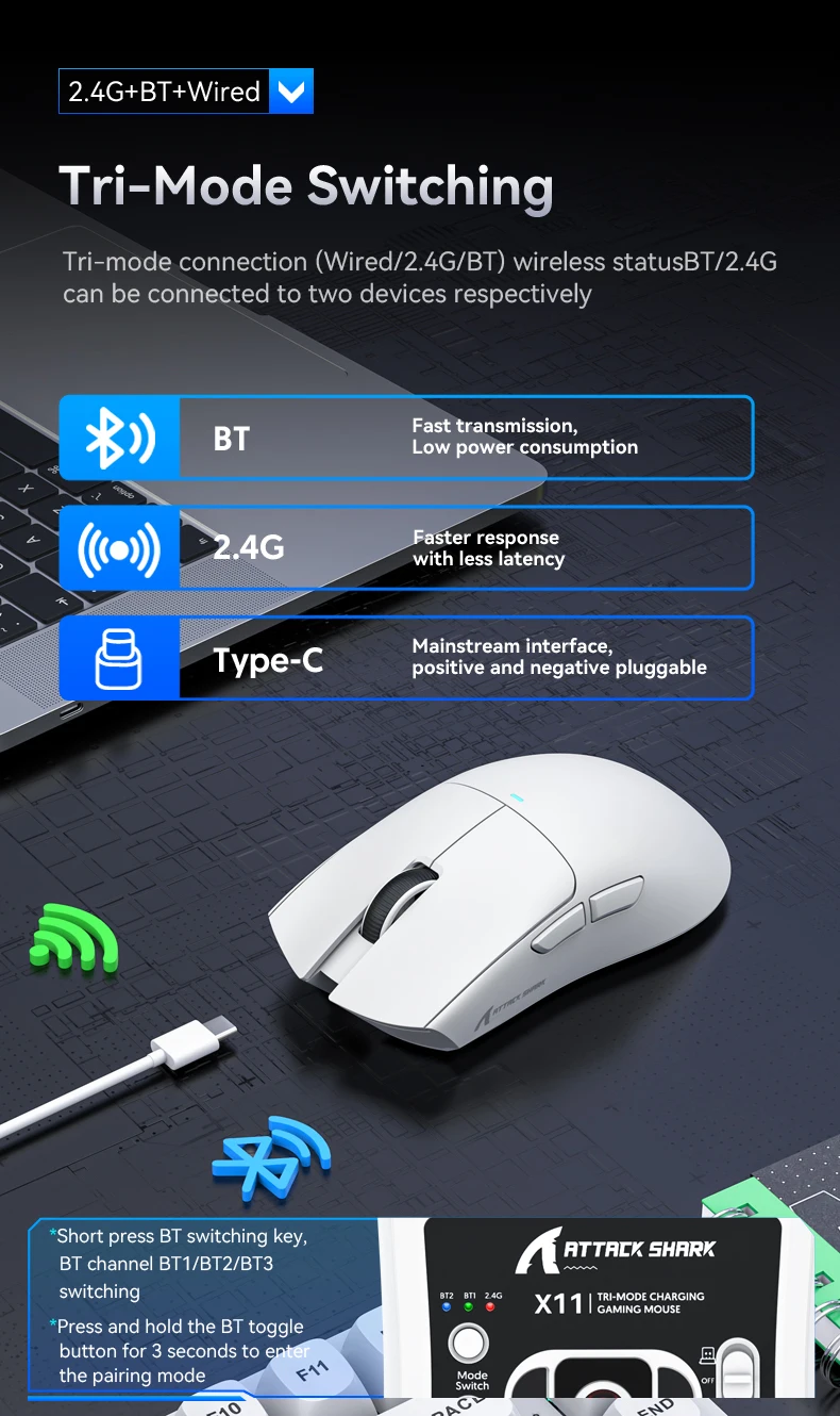 Attack Shark X11 3-trybowe połączenie /2,4 GHz/Bluetooth, PAW3311, 400 IPS, 22 K000 DPI, RGB, bezprzewodowa mysz do gier na PC