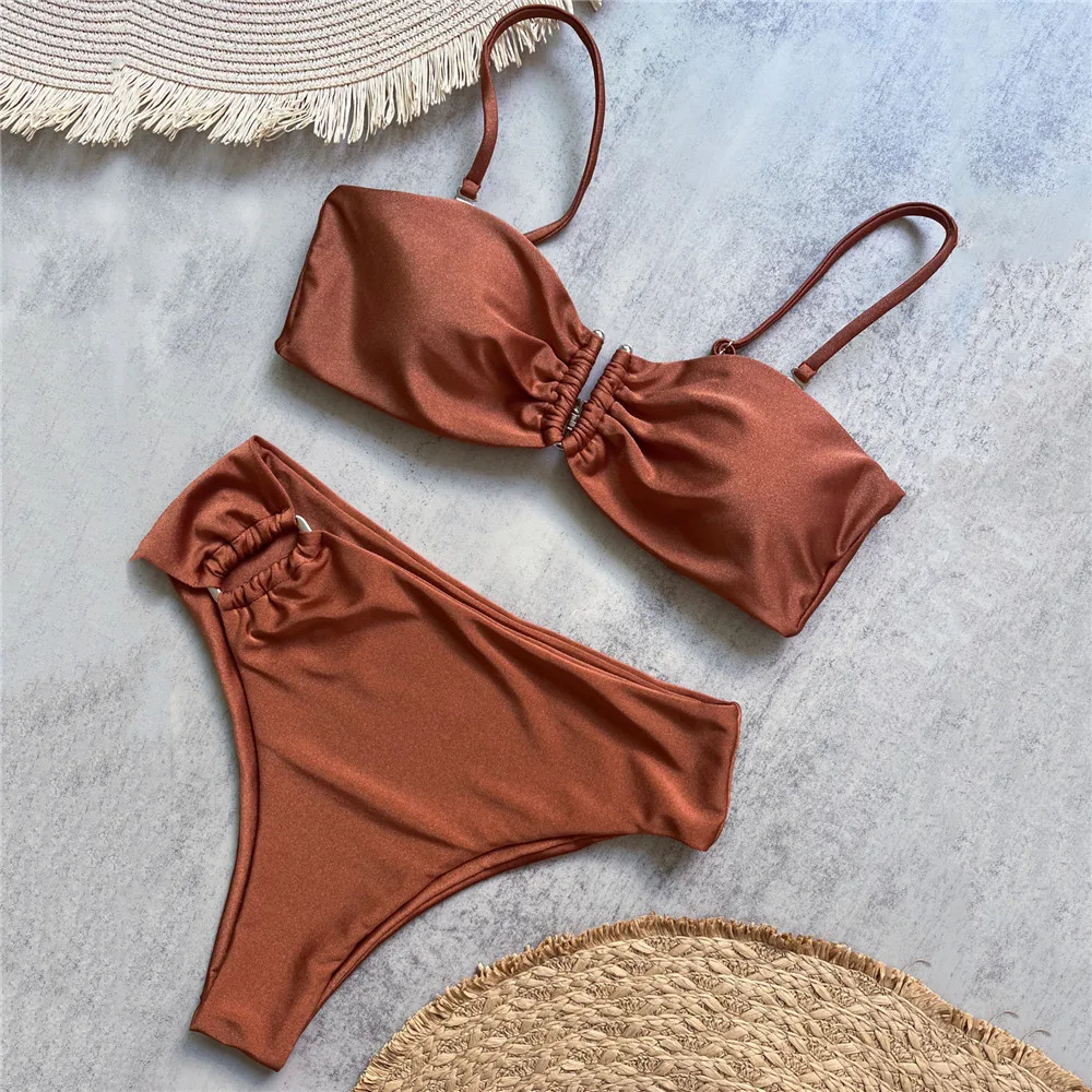 Biquíni marrom brilhante em forma de u, cintura alta, sexy, feminino, 2025, enrugado, sólido, roupa de banho, bandeau, conjuntos de biquinis mujer