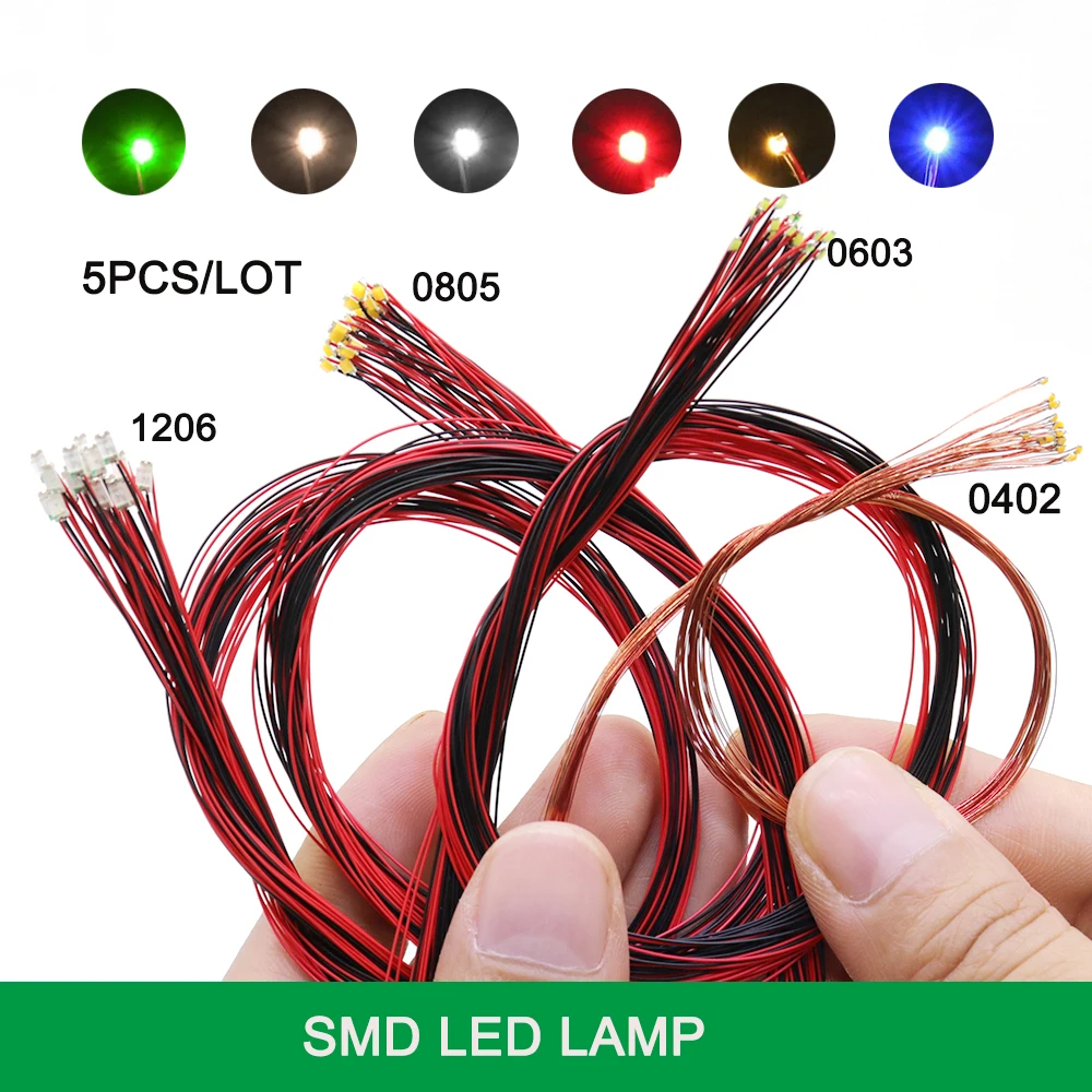 Tự Làm Micro SMD Led Có Dây Led 0402 0603 0805 1206 Trước Hàn Micro Litz Cord Có Dây Chip 20Cm 3V Đường Sắt Mô Hình Cảnh 5 Cái/lốc